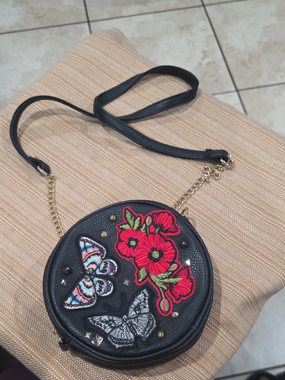 Women’s Black Round Crossbody Bag with Red Floral & Butterfly Embroidery